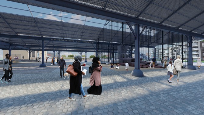 Een toekomstbeeld van de hangars na de heraanleg van de kaaivlakte, met in de achtergrond een paviljoen dat als speelruimte zal dienen