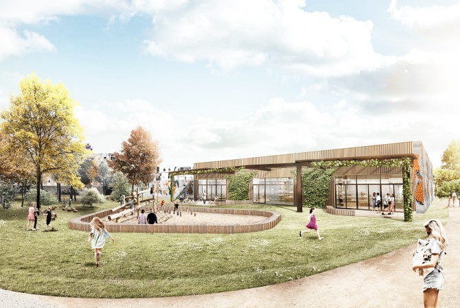 Toekomstbeeld nieuwe achterzijde voormalige garage Soethout aan de rand van Ringpark Het Schijn