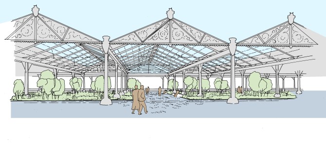 Een schets van de stadstuin onder de hangars uit het voorontwerp van het centraal deel zuid van de Scheldekaaien