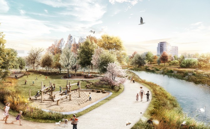 Toekomstbeeld van enkele speel- en zitplekken langs het water in Ringpark Het Schijn