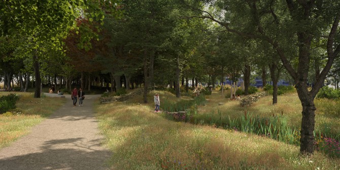 Een toekomstbeeld van de waterspeelzone in het Leeuwerikpark, een van de acht deelparken van het Ringpark Groene Vesten