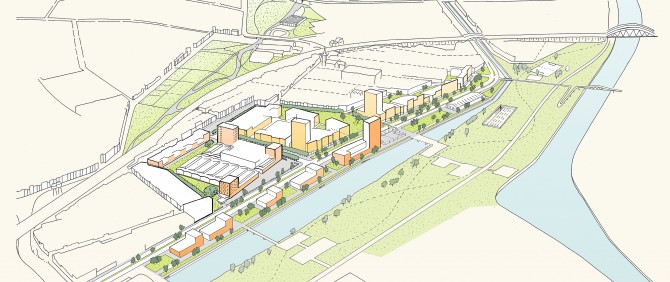Deze illustratie laat een bovenaanzicht zien van het definitieve masterplan Slachthuissite - Noordschippersdok - Lobroekdok en geeft zo een beeld van de geplande herontwikkeling