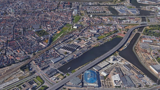 Een luchtfoto van de Slachthuissite, het Noordschippersdok en het Lobroekdok in de Damwijk