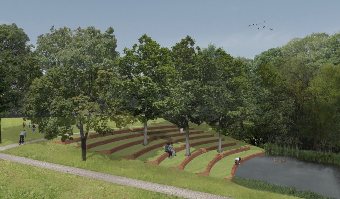 Een toekomstbeeld van de terrassenstructuur aan de Brilschansvijver © CLUSTER - Witteveen+Bos