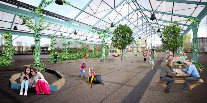 Een toekomstbeeld van de Scheldekaaihangar aan Bahnhof op Spoor Oost 