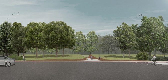 Een toekomstbeeld van de ingang vanaf de Grotesteenweg © CLUSTER - Witteveen+Bos