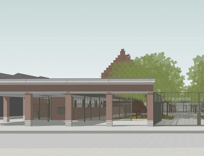 Toekomstbeeld oostgevel en entree lagere school Edison.