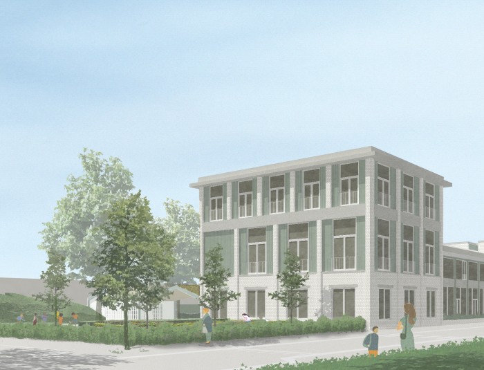Toekomstbeeld van de school met een groen voorplein