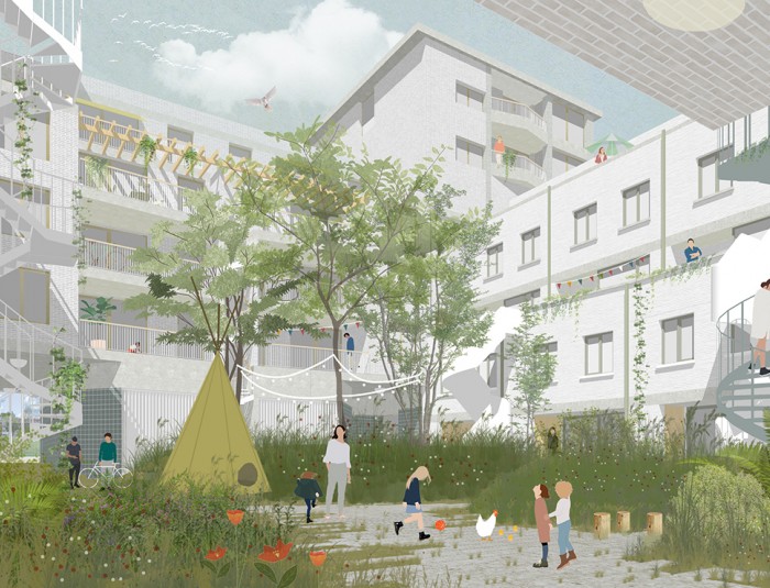 Ontwerp van een groen binnenplein met rondom woningen.