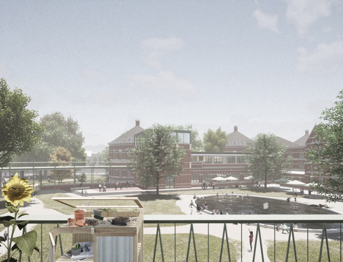 Wedstrijdontwerp herontwikkeling Stuivenberg met zicht op de centrale binnentuin. 