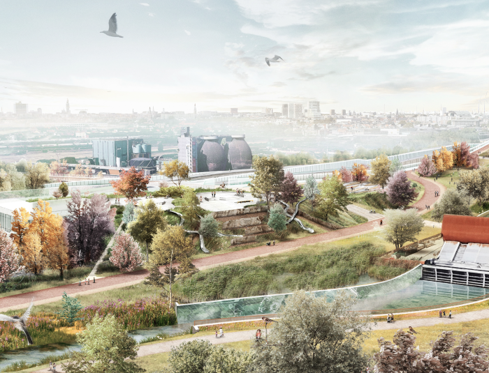 Een toekomstbeeld van het voorontwerp van de zone voor urban sports uit het voorontwerp van Ringpark Het Schijn