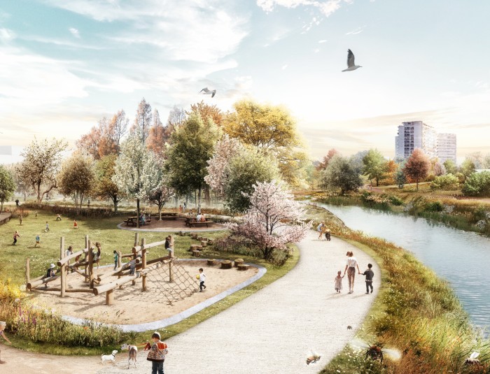 Toekomstbeeld van enkele speel- en zitplekken langs het water in Ringpark Het Schijn