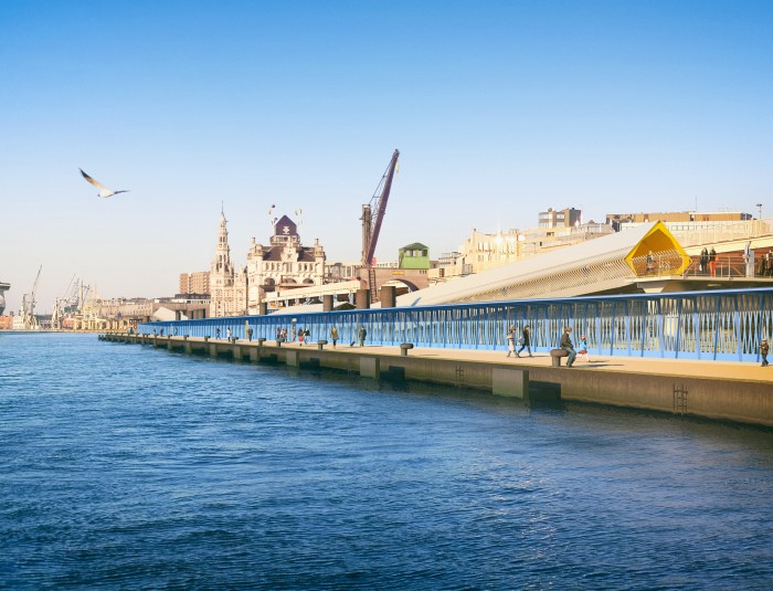 Een toekomstbeeld van het ponton van de nieuwe cruiseterminal gezien van op het water 