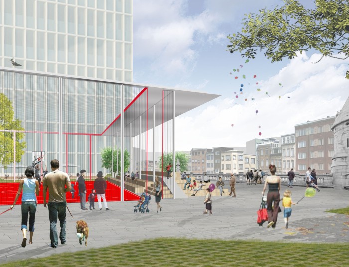 Een toekomstbeeld van de multicourt op de spoorwegbrug 