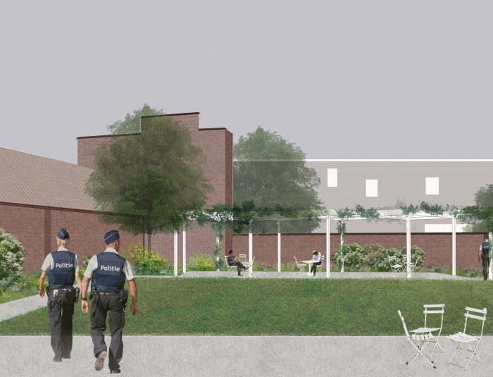 Toekomstbeeld van het binnengebied in de Lange Gasthuisstraat 24 met vooral groen en zitplaatsen.