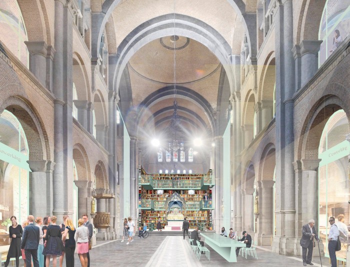 Unizo Provincie Antwerpen vzw koos FVWW architecten en Origin als ontwerpteam voor de Sint-Jan-Evangelistkerk, hier zie je hun winnende ontwerp voor het interieur van de kerk