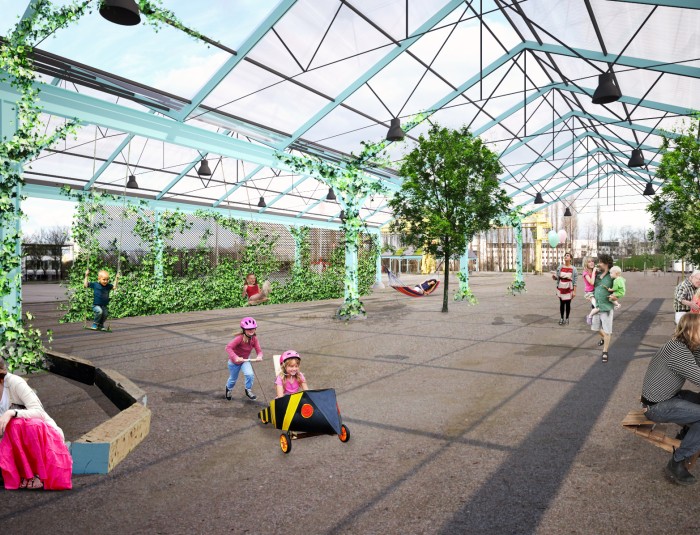 Een toekomstbeeld van het interieur van de Scheldekaaihangar aan Bahnhof