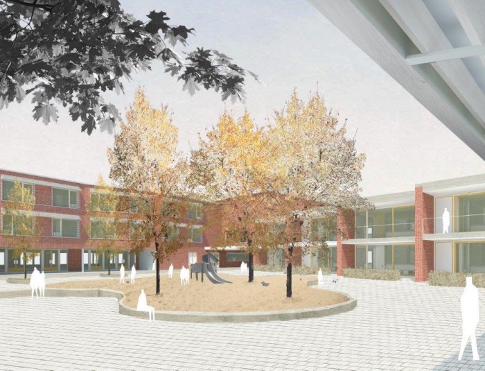Toekomstbeeld speelplaats dubbele basisschool Het Vliegertje © BULK Architecten