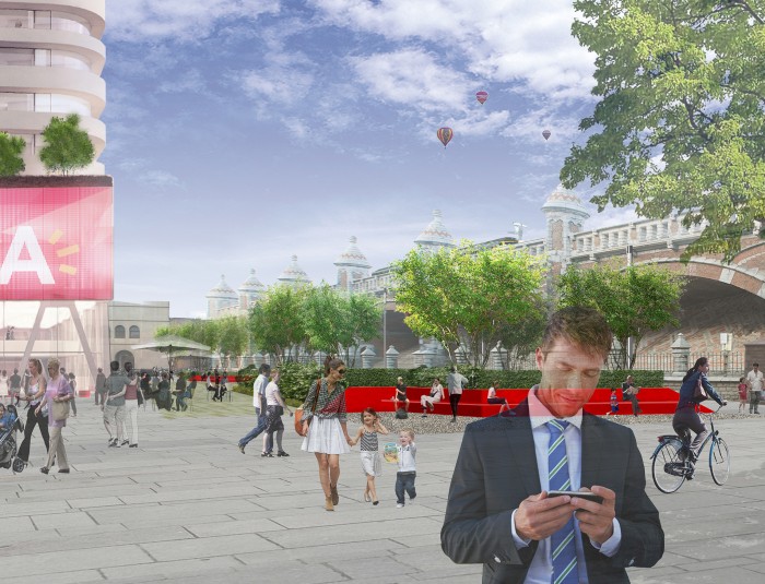 Toekomstbeeld openbaar domein - zicht van het Kievitplein richting Stoomstraat © BUUR - HOSPER