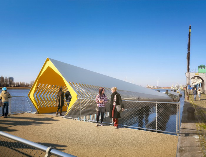 Een toekomstbeeld van een van de toegangsbruggen van het ponton van de nieuwe cruiseterminal